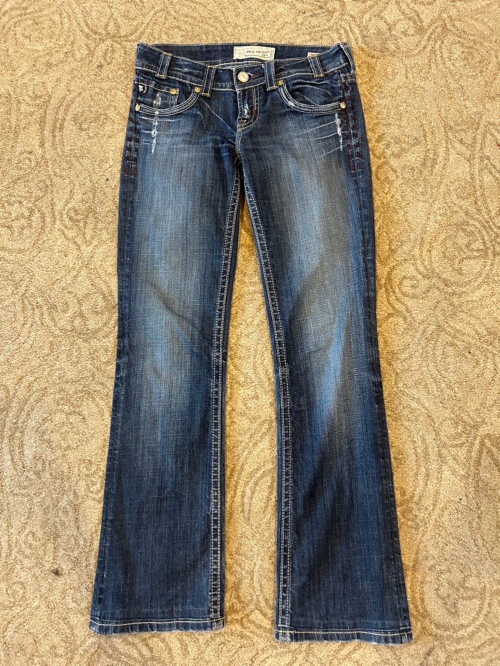 MEK Denim Dark Wash bootcut Jeans with Subtle Embroidery